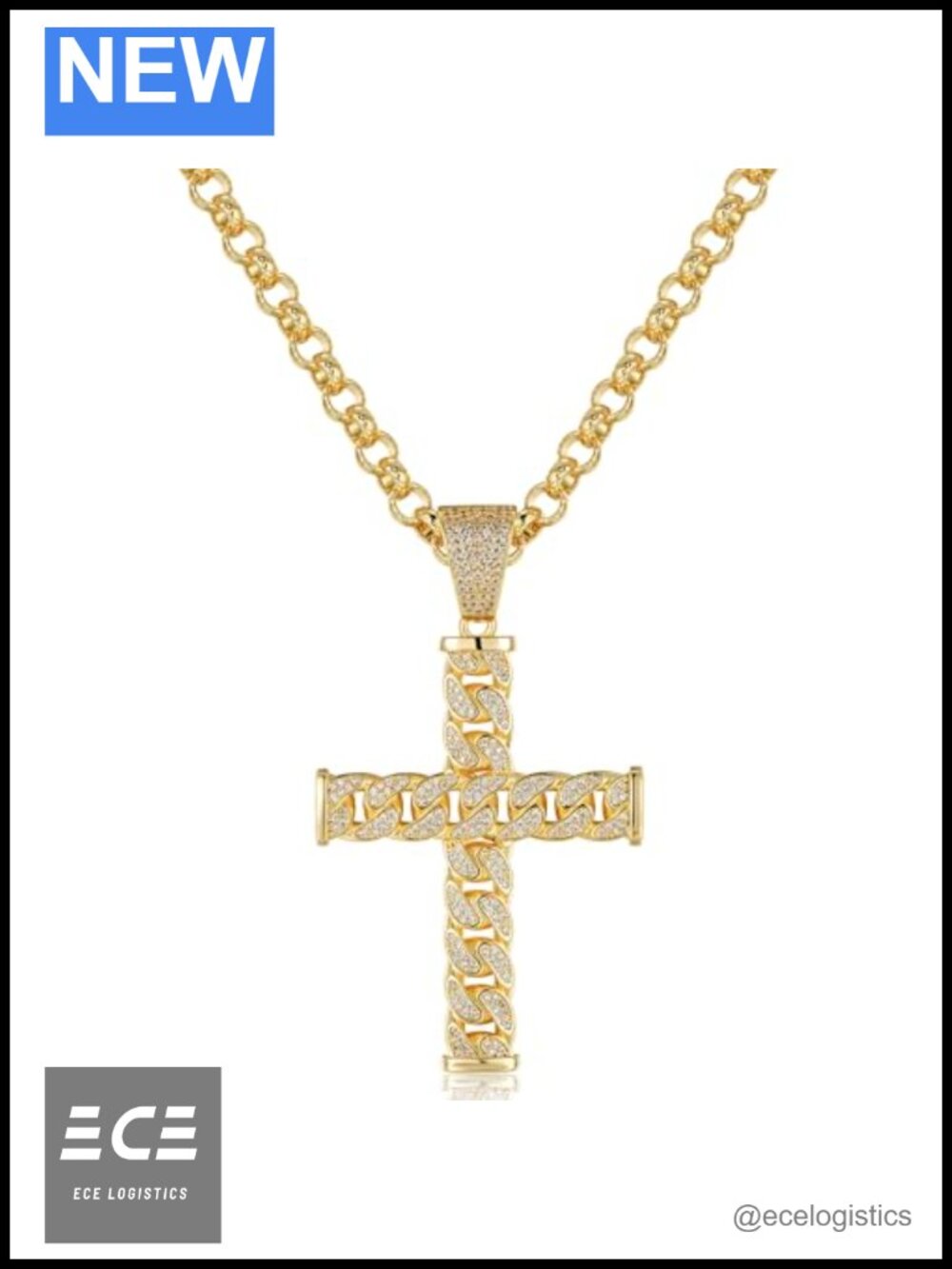 Gold-Plated Cuban Curb Cross Pendant 22-Inch 8mm Chain Necklace